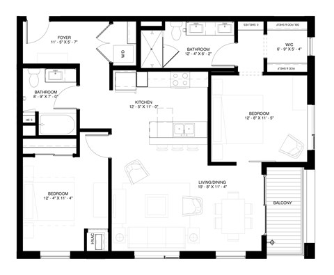 Floor plan for 2 beds, 2 baths, 1142 sqft